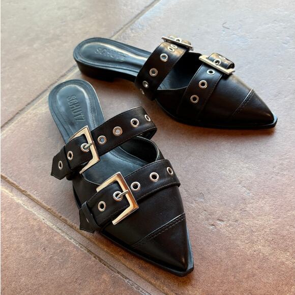 Schutz "Penny Flats" Black Buckle Mules with Silver Hardware, Pointy Toes size 6 - Picture 13 of 15